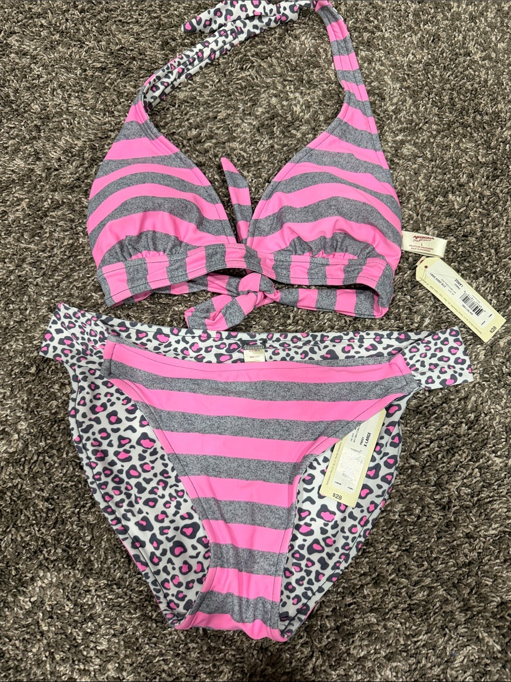 Pink & Gray Striped Bikini Set with Leopard Trim